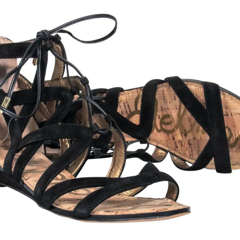 Sam Edelman Black Suede Lace-Up Gladiator Flat Sandal Size 6 - Picture 2 of 5